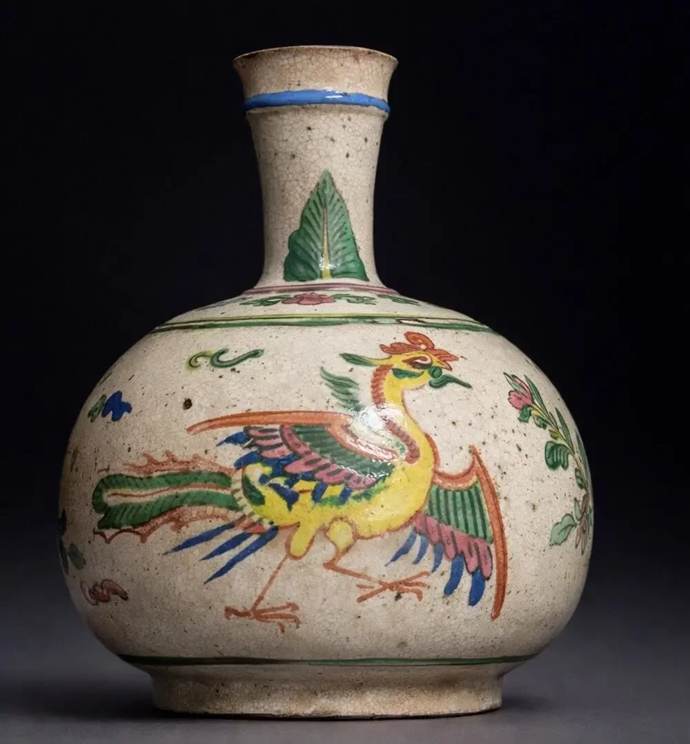 Chinese Phoenix Bottle Vase Crackle Glaze Famille Rose Style Floral Vtg Decor